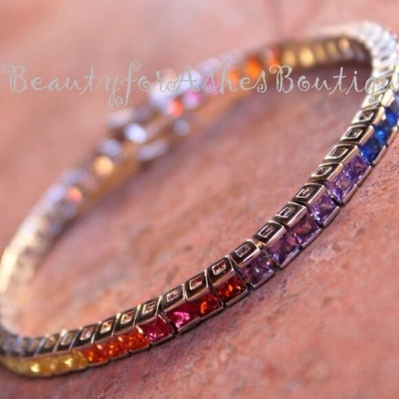 Princess Cut Covenant Gods Promise Over the Rainbow Colorful Cz Tennis Bracelet - Picture 1 of 8